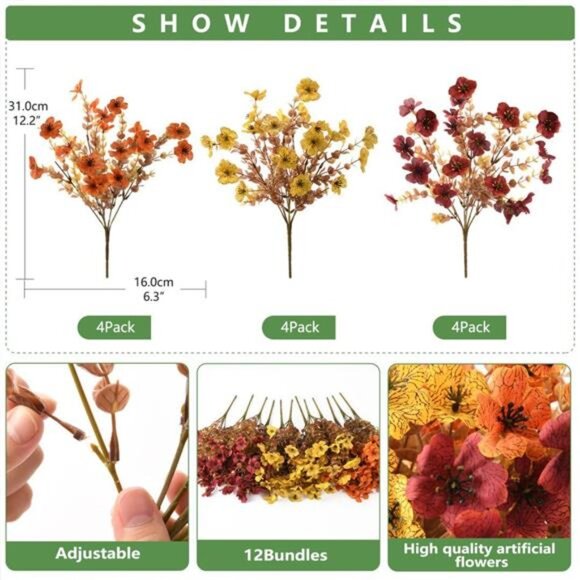 INQCMY Artificial Fake Fall Plantsβ Flowers for Outdoor Outside Decoration,12 - Picture 2 of 8